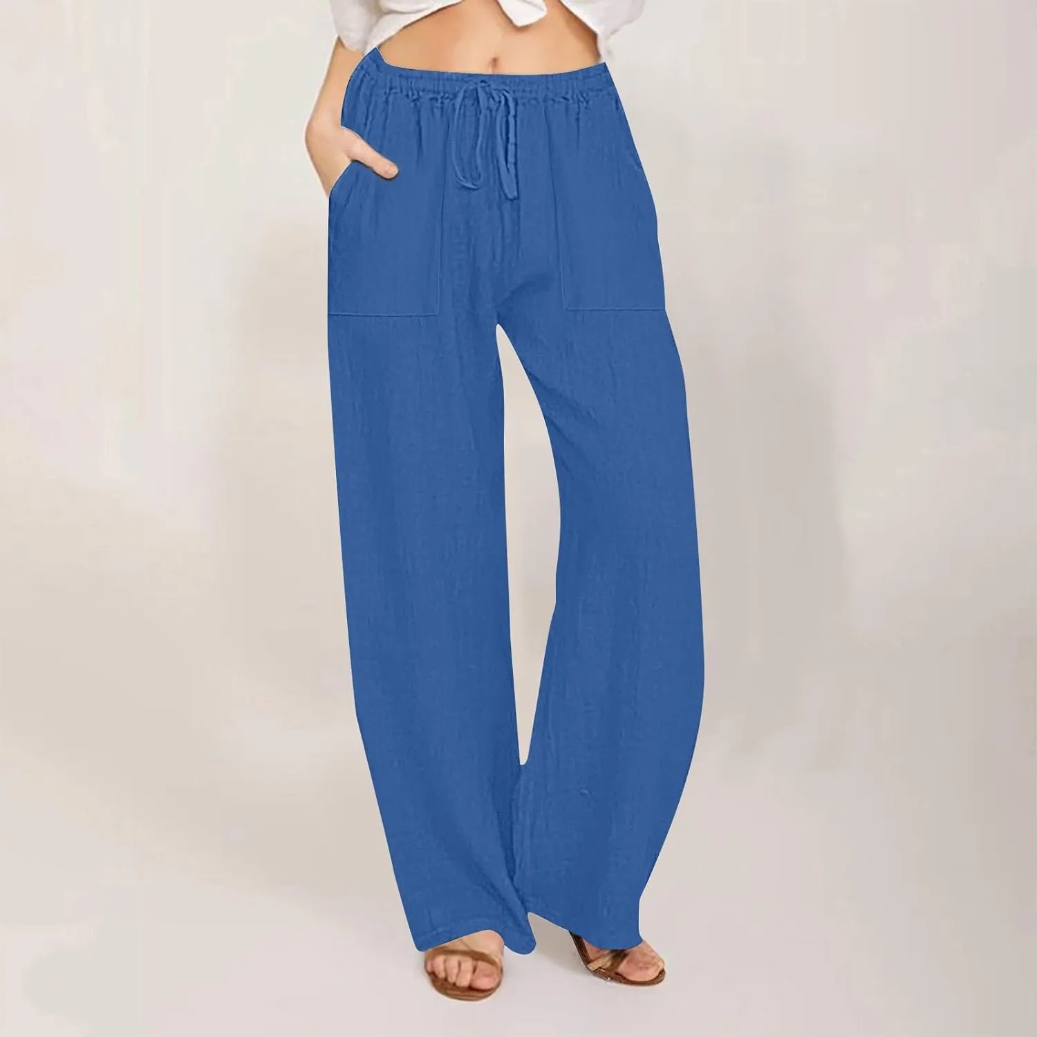 Wide Leg Linen Pants Women Summer Cotton Linen Baggy Pants Casual Cropped Long Trousers Loose High Waisted Slacks