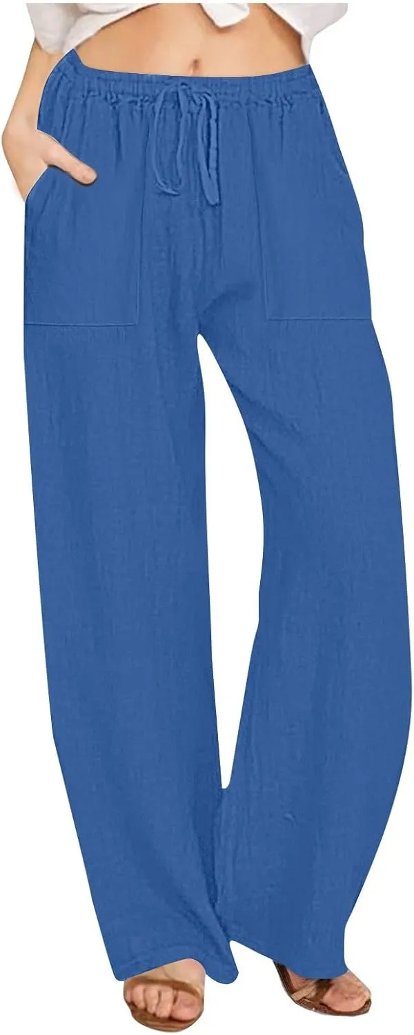 Wide Leg Linen Pants Women Summer Cotton Linen Baggy Pants Casual Cropped Long Trousers Loose High Waisted Slacks