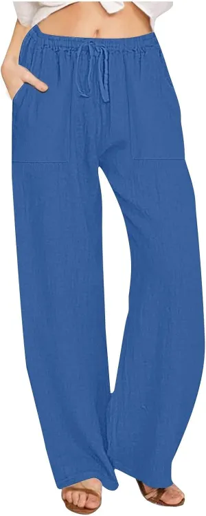 Wide Leg Linen Pants Women Summer Cotton Linen Baggy Pants Casual Cropped Long Trousers Loose High Waisted Slacks
