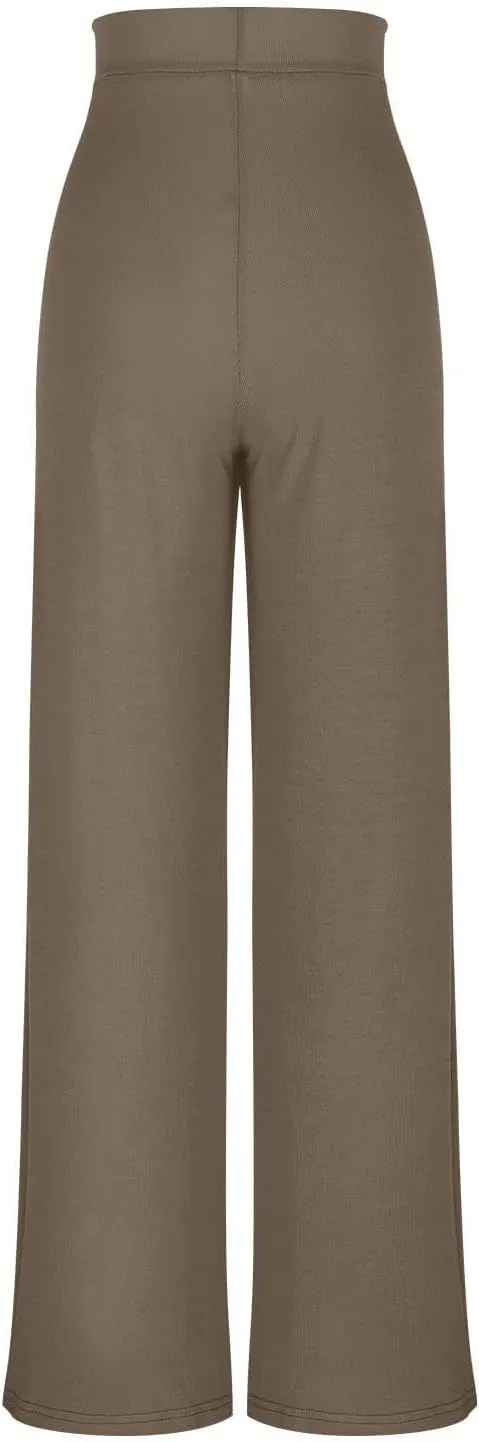 Wide Leg Pants for Women Elastic High Waist Tummy Control Lounge Slacks Solid Color Palazzo Trousers
