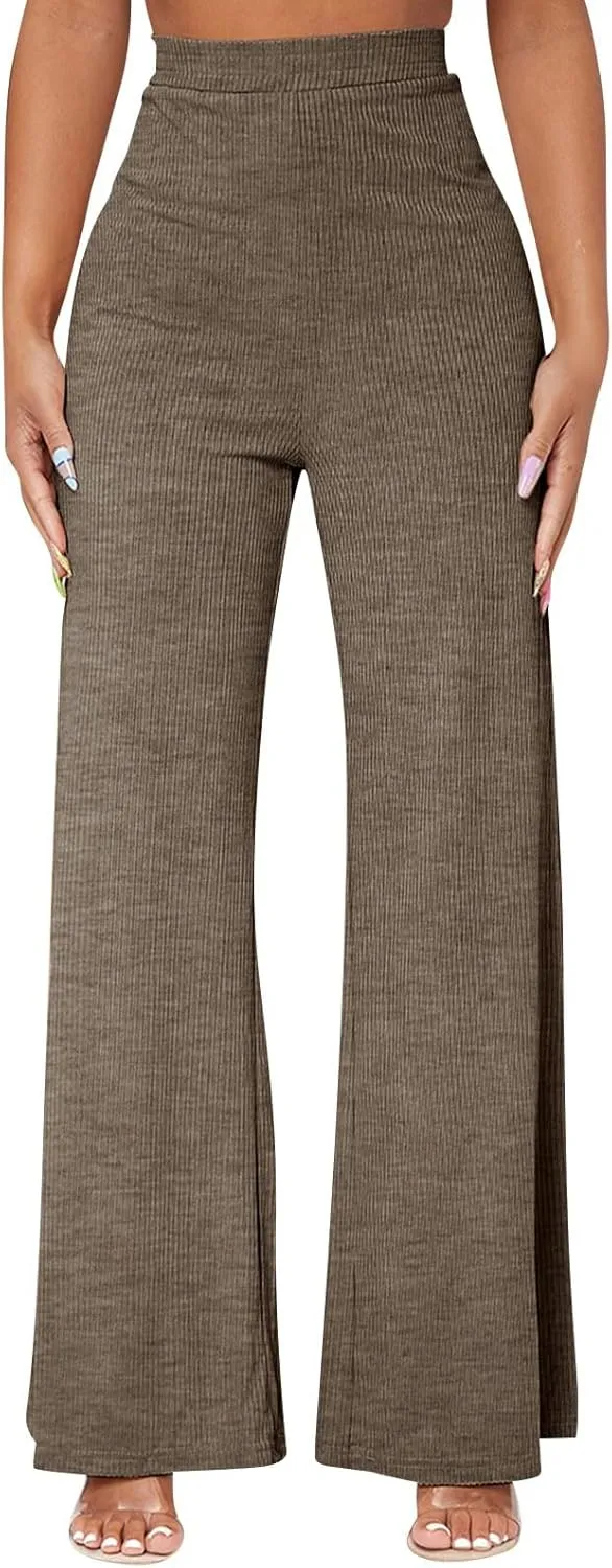 Wide Leg Pants for Women Elastic High Waist Tummy Control Lounge Slacks Solid Color Palazzo Trousers
