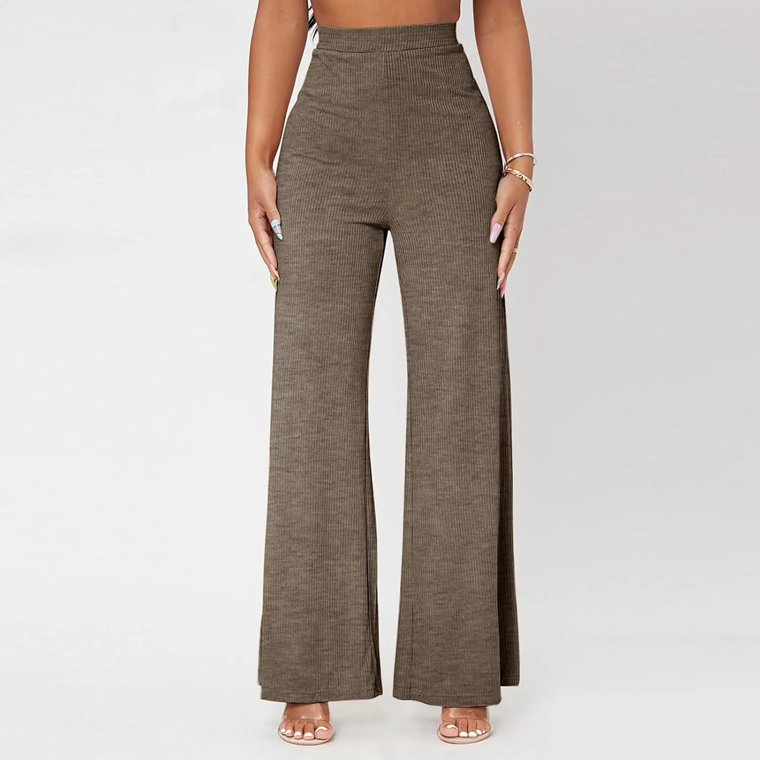 Wide Leg Pants for Women Elastic High Waist Tummy Control Lounge Slacks Solid Color Palazzo Trousers