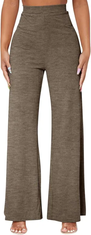 Wide Leg Pants for Women Elastic High Waist Tummy Control Lounge Slacks Solid Color Palazzo Trousers