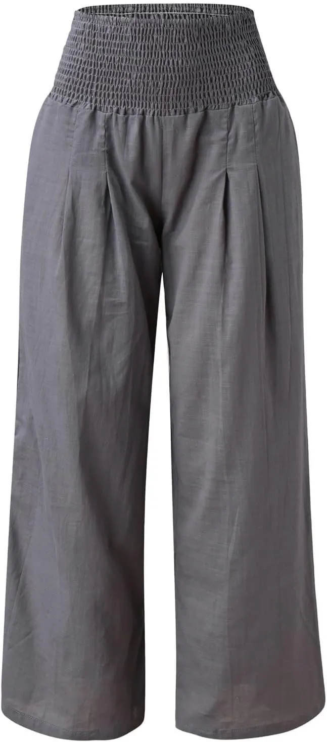 Wide Leg Pants for Women High Smocked Waist Comfy Loose Fit Flowy Summer Beach Lightweight Palazzo Trousers with Pockets