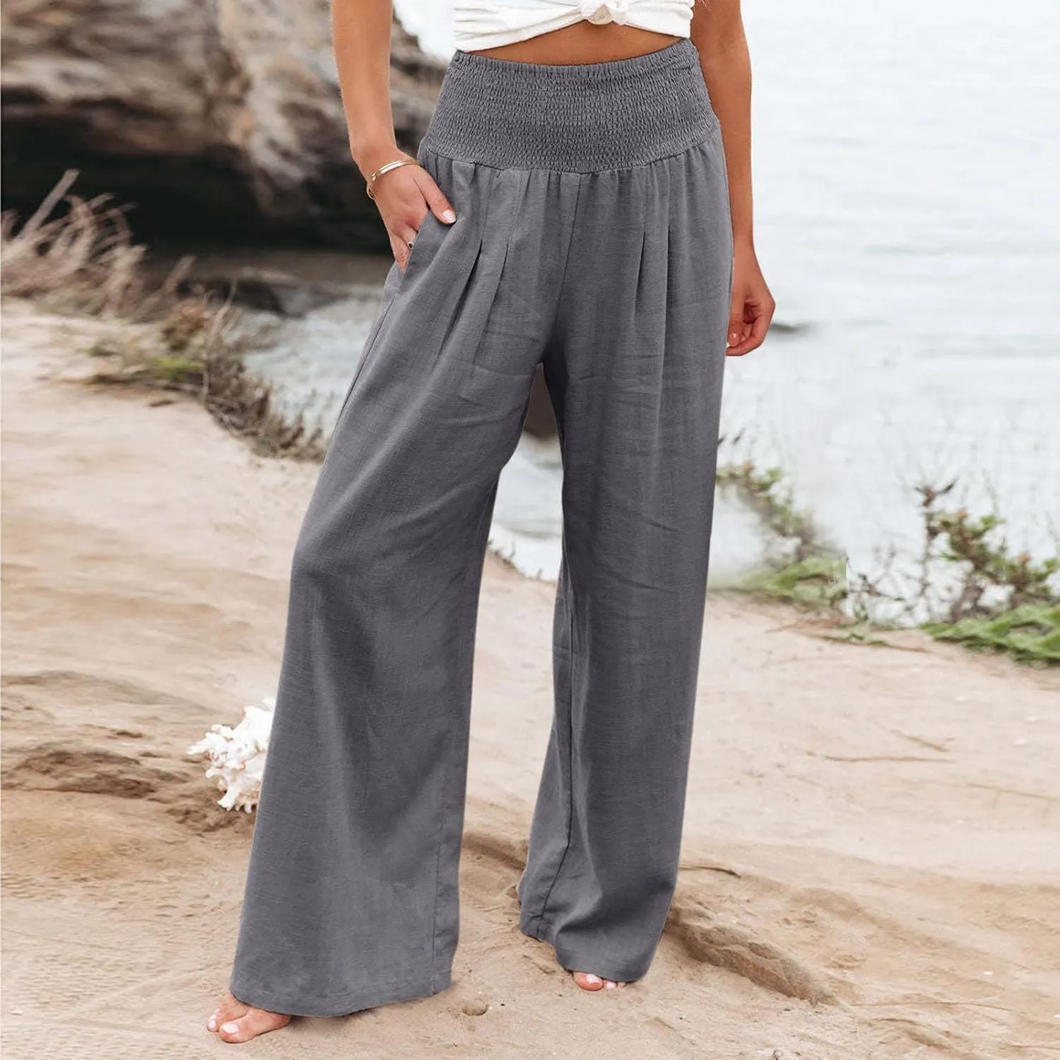 Wide Leg Pants for Women High Smocked Waist Comfy Loose Fit Flowy Summer Beach Lightweight Palazzo Trousers with Pockets