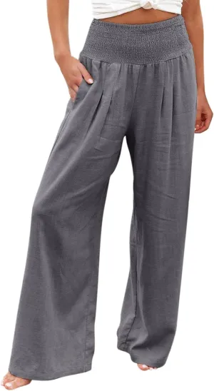 Wide Leg Pants for Women High Smocked Waist Comfy Loose Fit Flowy Summer Beach Lightweight Palazzo Trousers with Pockets