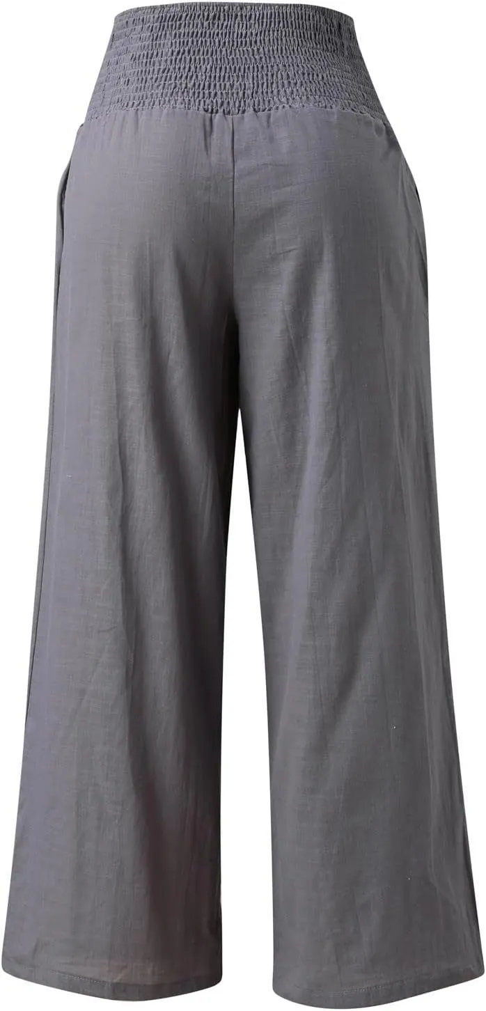 Wide Leg Pants for Women High Smocked Waist Comfy Loose Fit Flowy Summer Beach Lightweight Palazzo Trousers with Pockets