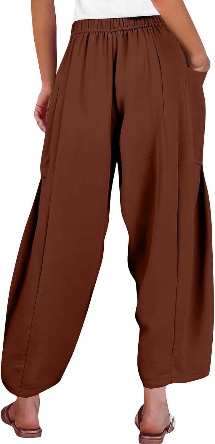Wide Leg Pants Woman High Waisted Drawstring Boho Pants Summer Lightweight Beach Palazzo Harem Trousers with Pockets