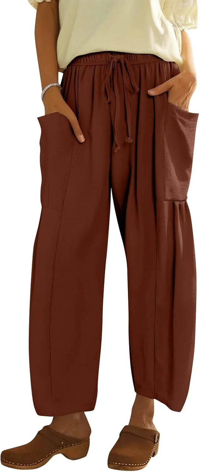 Wide Leg Pants Woman High Waisted Drawstring Boho Pants Summer Lightweight Beach Palazzo Harem Trousers with Pockets