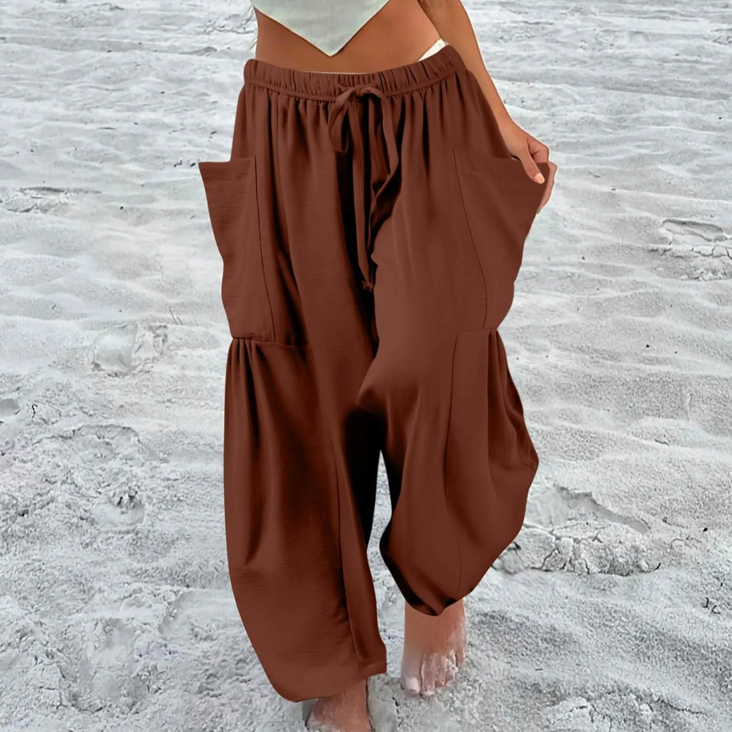 Wide Leg Pants Woman High Waisted Drawstring Boho Pants Summer Lightweight Beach Palazzo Harem Trousers with Pockets