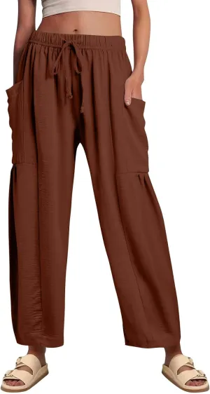 Wide Leg Pants Woman High Waisted Drawstring Boho Pants Summer Lightweight Beach Palazzo Harem Trousers with Pockets