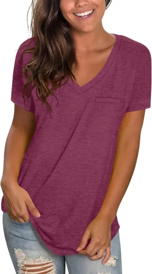 WIHOLL Womens Tops Short Sleeve V Neck Tshirts with Mock Up Pocket Fahion Summer Clothes Loose Fit