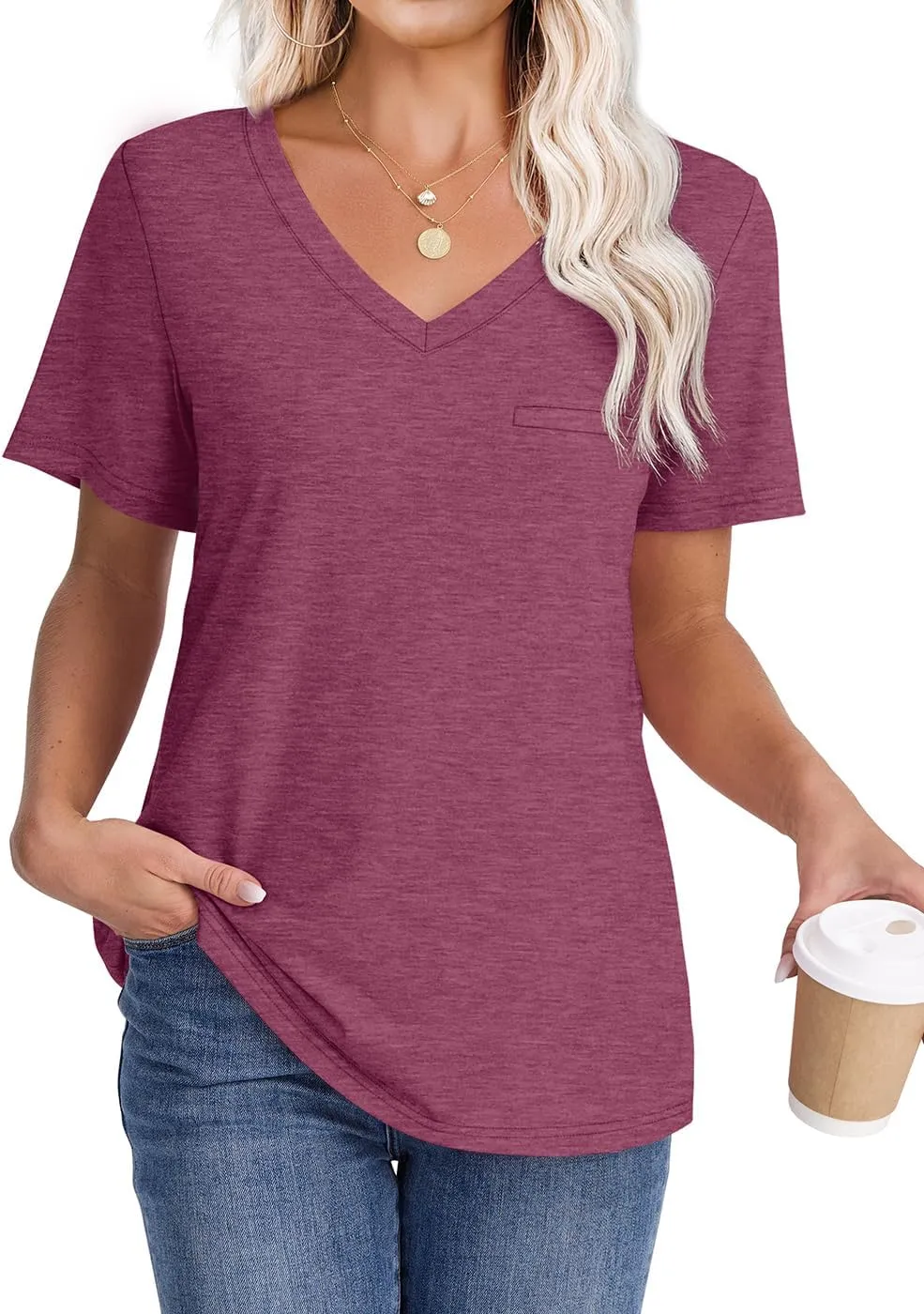 WIHOLL Womens Tops Short Sleeve V Neck Tshirts with Mock Up Pocket Fahion Summer Clothes Loose Fit