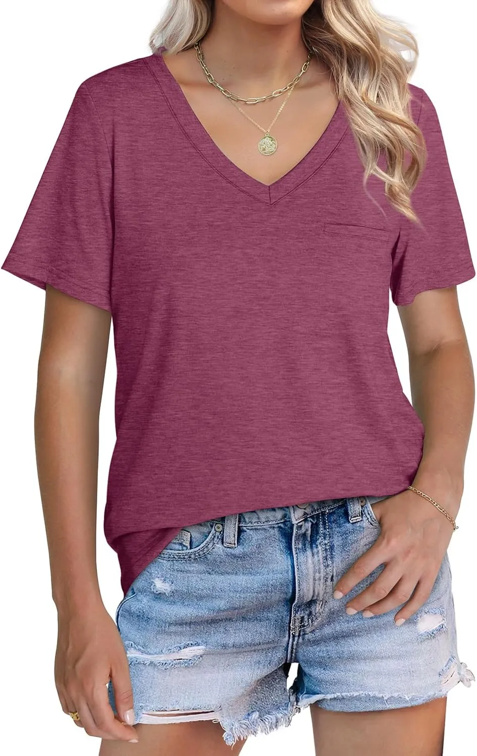 WIHOLL Womens Tops Short Sleeve V Neck Tshirts with Mock Up Pocket Fahion Summer Clothes Loose Fit