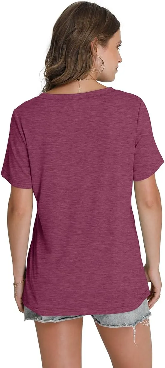 WIHOLL Womens Tops Short Sleeve V Neck Tshirts with Mock Up Pocket Fahion Summer Clothes Loose Fit