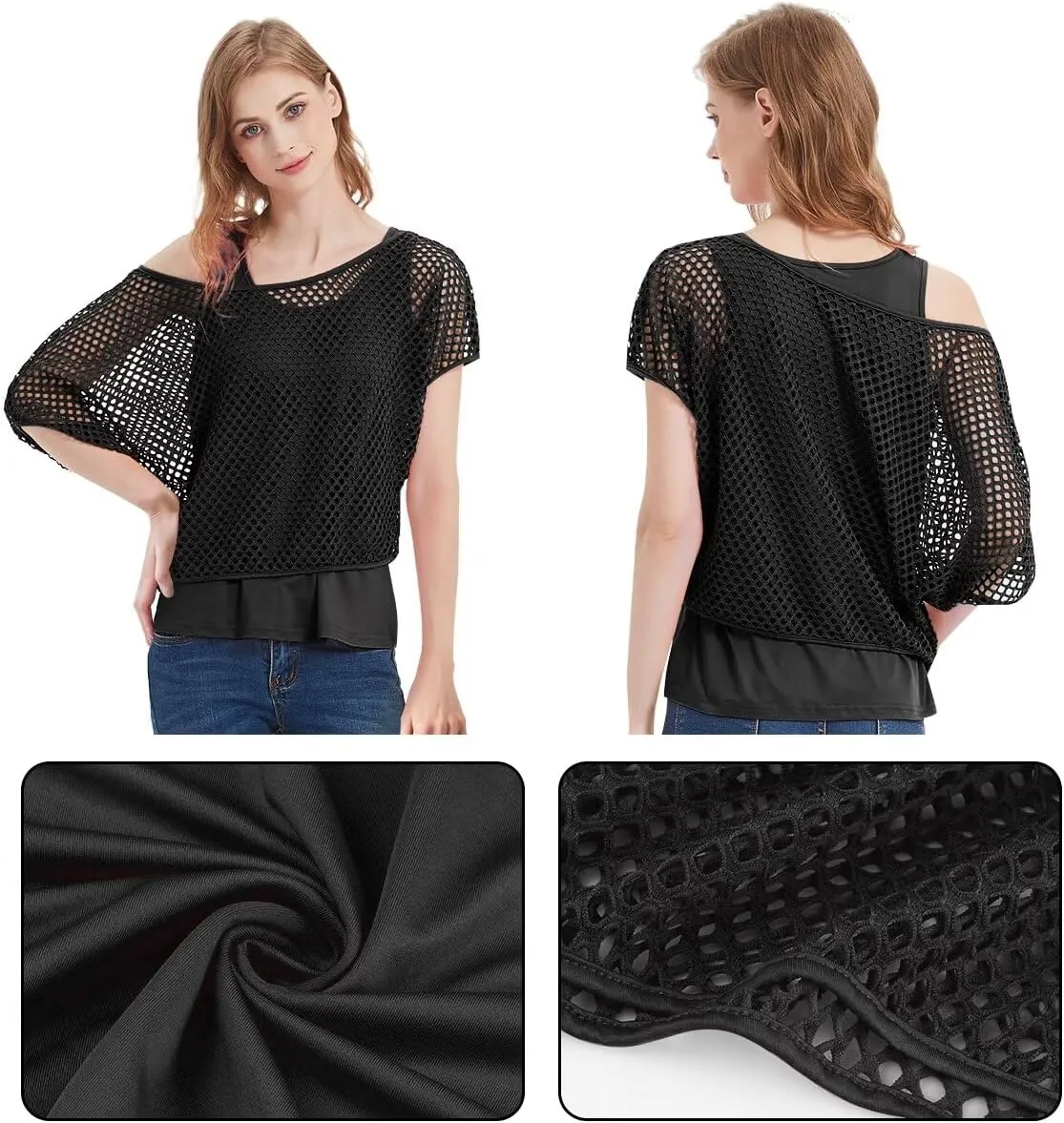 WILDPARTY Women's Casual Sexy Off Shoulder T-Shirt, 80s 90s Outfit 80's Costume Fishnet Neon Shirt Summer Short Sleeve