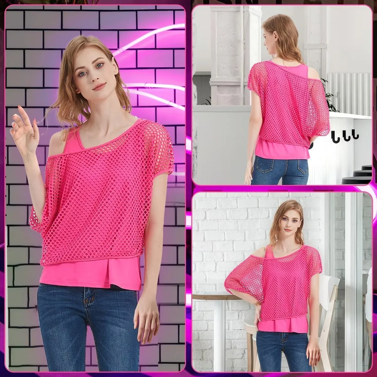 WILDPARTY Women's Casual Sexy Off Shoulder T-Shirt, 80s 90s Outfit 80's Costume Fishnet Neon Shirt Summer Short Sleeve