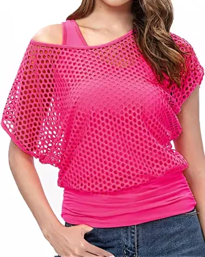 WILDPARTY Women's Casual Sexy Off Shoulder T-Shirt, 80s 90s Outfit 80's Costume Fishnet Neon Shirt Summer Short Sleeve