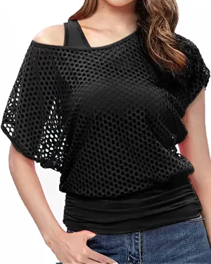 WILDPARTY Women's Casual Sexy Off Shoulder T-Shirt, 80s 90s Outfit 80's Costume Fishnet Neon Shirt Summer Short Sleeve