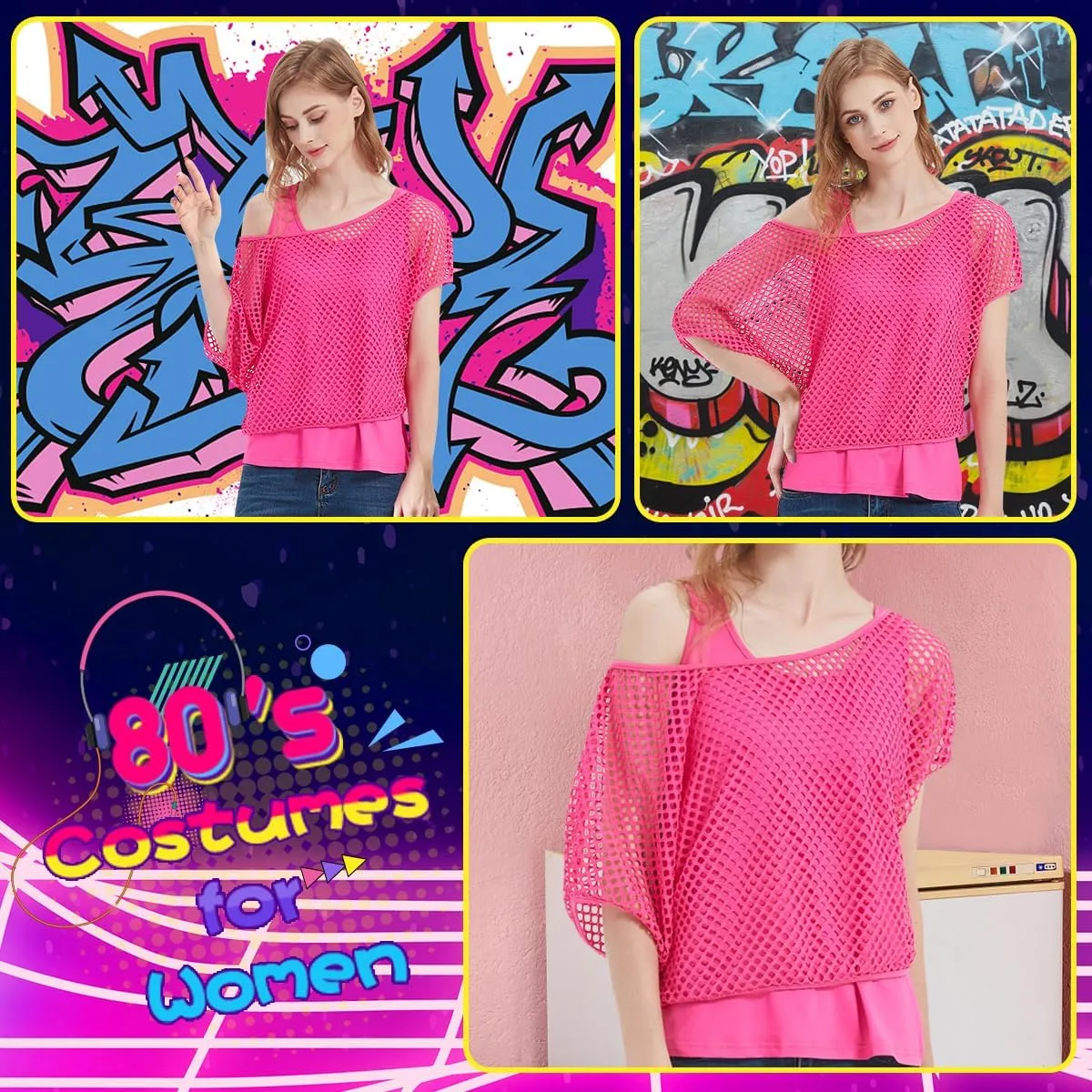 WILDPARTY Women's Casual Sexy Off Shoulder T-Shirt, 80s 90s Outfit 80's Costume Fishnet Neon Shirt Summer Short Sleeve