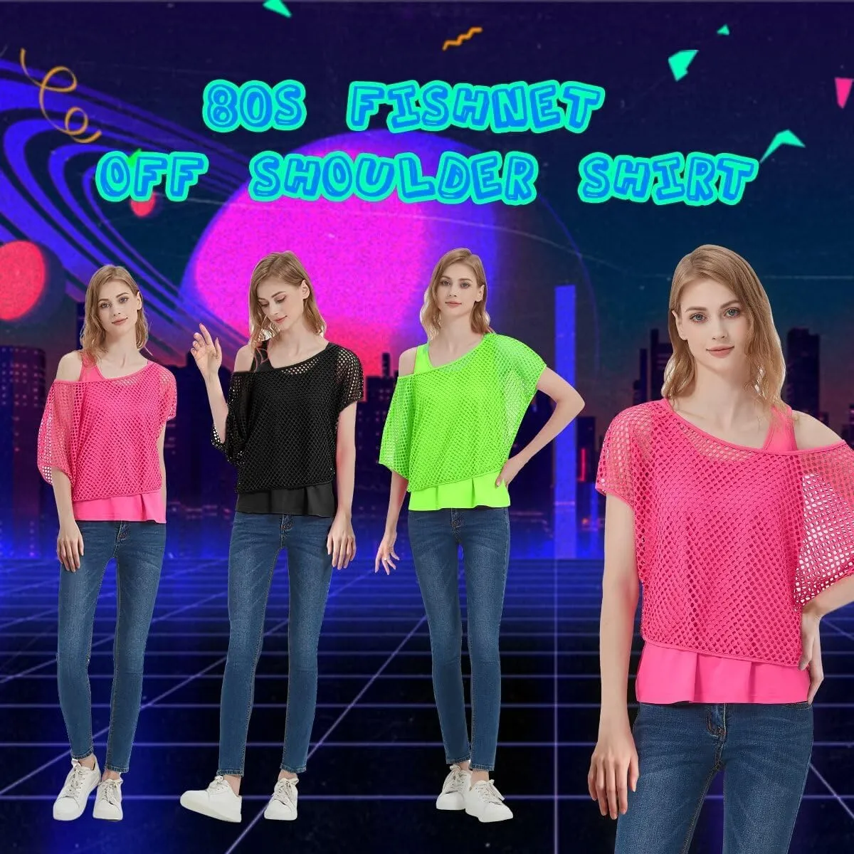 WILDPARTY Women's Casual Sexy Off Shoulder T-Shirt, 80s 90s Outfit 80's Costume Fishnet Neon Shirt Summer Short Sleeve