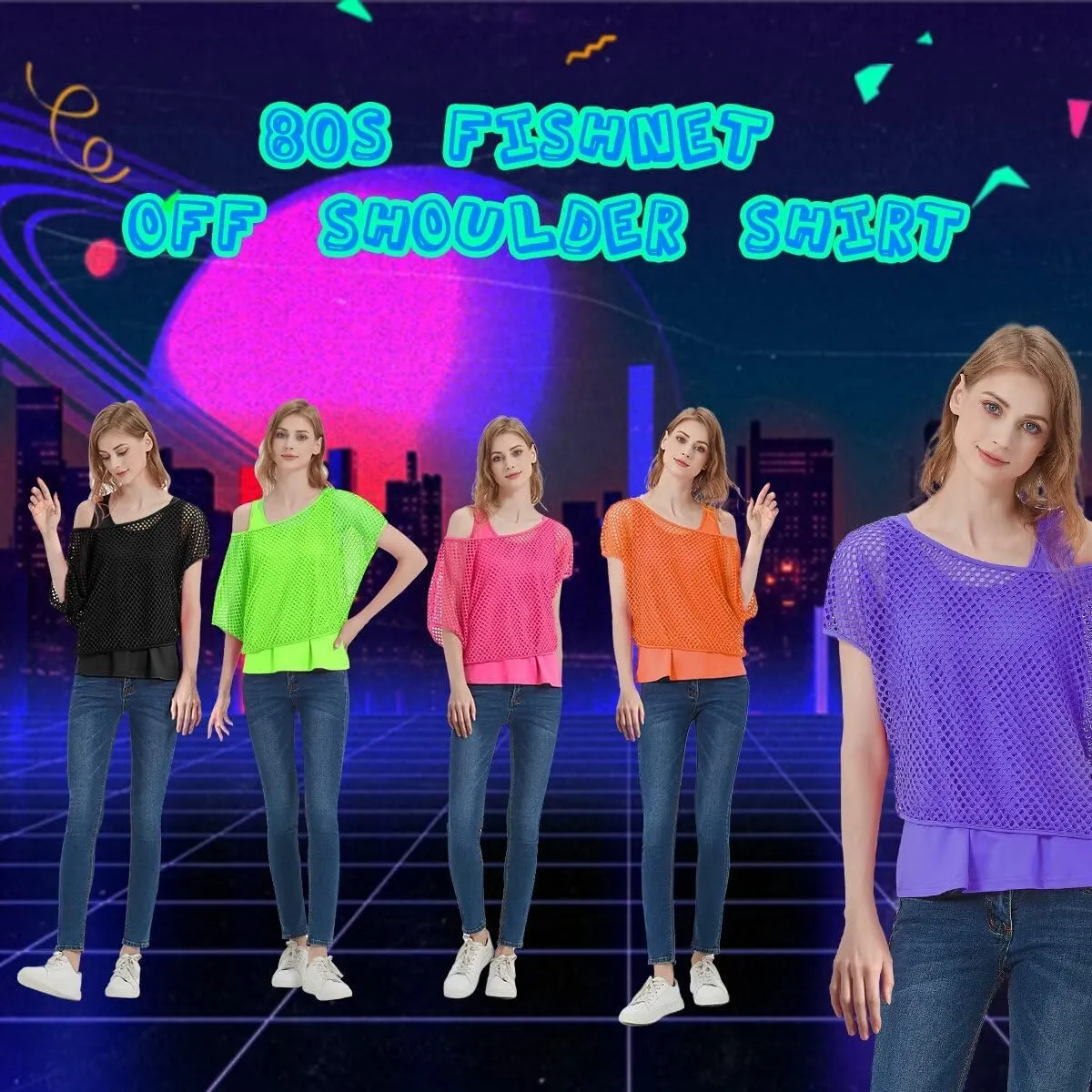 WILDPARTY Women's Casual Sexy Off Shoulder T-Shirt, 80s 90s Outfit 80's Costume Fishnet Neon Shirt Summer Short Sleeve