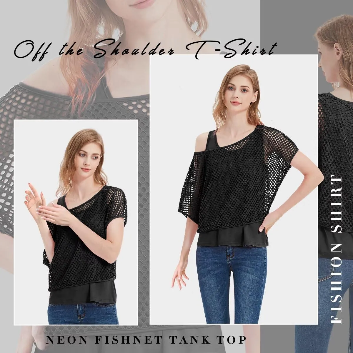 WILDPARTY Women's Casual Sexy Off Shoulder T-Shirt, 80s 90s Outfit 80's Costume Fishnet Neon Shirt Summer Short Sleeve