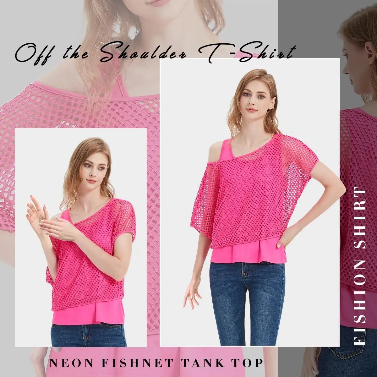 WILDPARTY Women's Casual Sexy Off Shoulder T-Shirt, 80s 90s Outfit 80's Costume Fishnet Neon Shirt Summer Short Sleeve