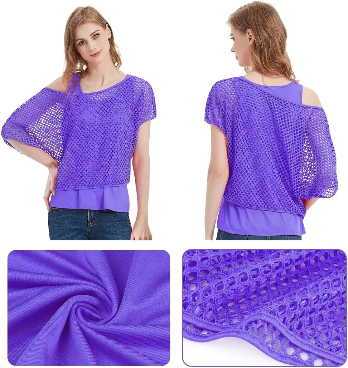 WILDPARTY Women's Casual Sexy Off Shoulder T-Shirt, 80s 90s Outfit 80's Costume Fishnet Neon Shirt Summer Short Sleeve