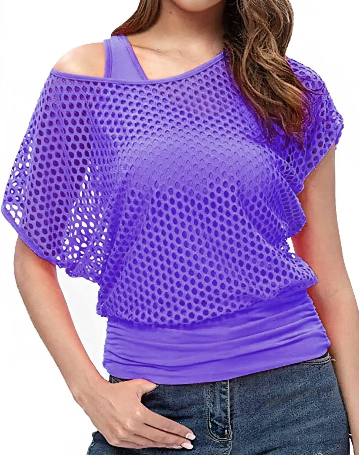 WILDPARTY Women's Casual Sexy Off Shoulder T-Shirt, 80s 90s Outfit 80's Costume Fishnet Neon Shirt Summer Short Sleeve