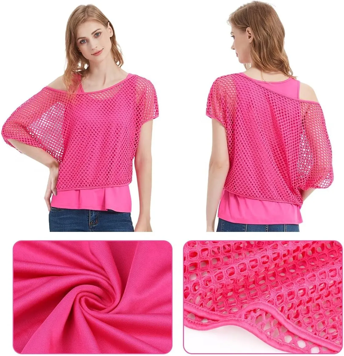 WILDPARTY Women's Casual Sexy Off Shoulder T-Shirt, 80s 90s Outfit 80's Costume Fishnet Neon Shirt Summer Short Sleeve