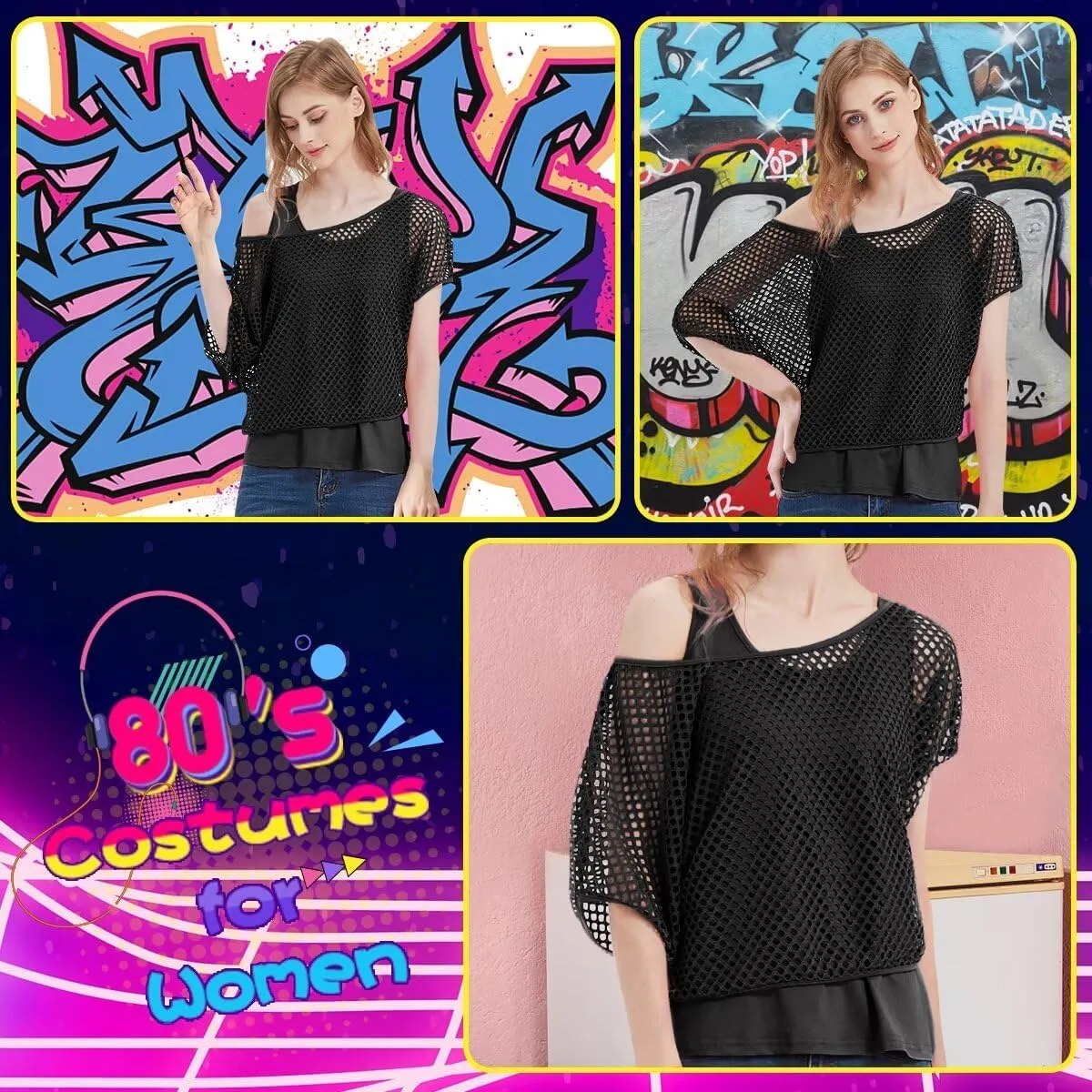 WILDPARTY Women's Casual Sexy Off Shoulder T-Shirt, 80s 90s Outfit 80's Costume Fishnet Neon Shirt Summer Short Sleeve