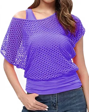 WILDPARTY Women's Casual Sexy Off Shoulder T-Shirt, 80s 90s Outfit 80's Costume Fishnet Neon Shirt Summer Short Sleeve