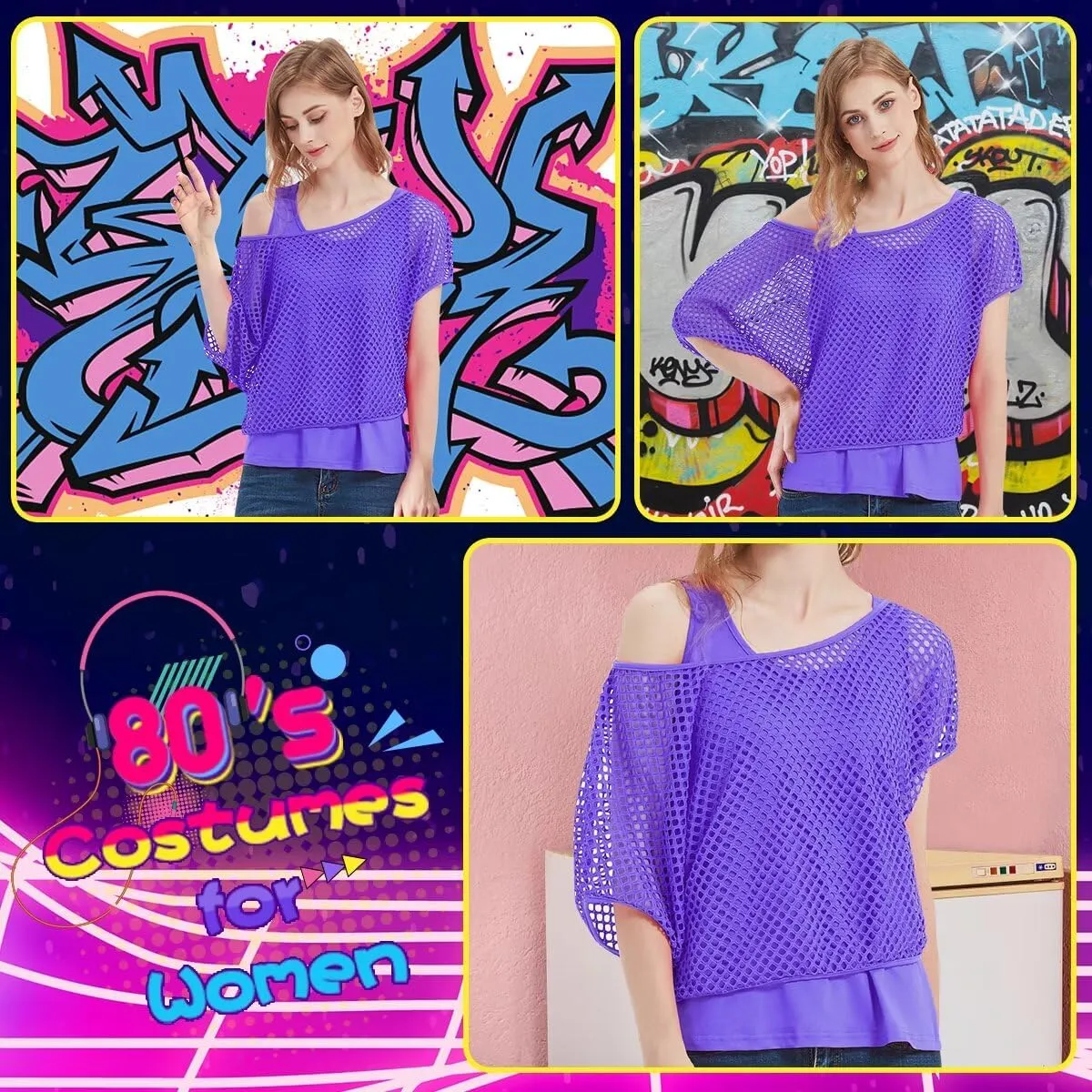 WILDPARTY Women's Casual Sexy Off Shoulder T-Shirt, 80s 90s Outfit 80's Costume Fishnet Neon Shirt Summer Short Sleeve
