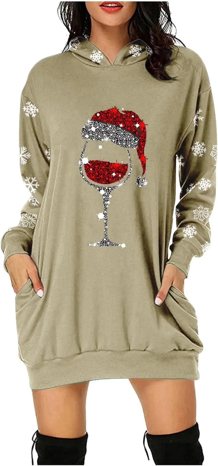 Women 2024 Christmas Hoodies Dress Long Sleeve Red Wine Glass Print Sweatshirt Tunic Oversized Xmas Hooded Party Dress