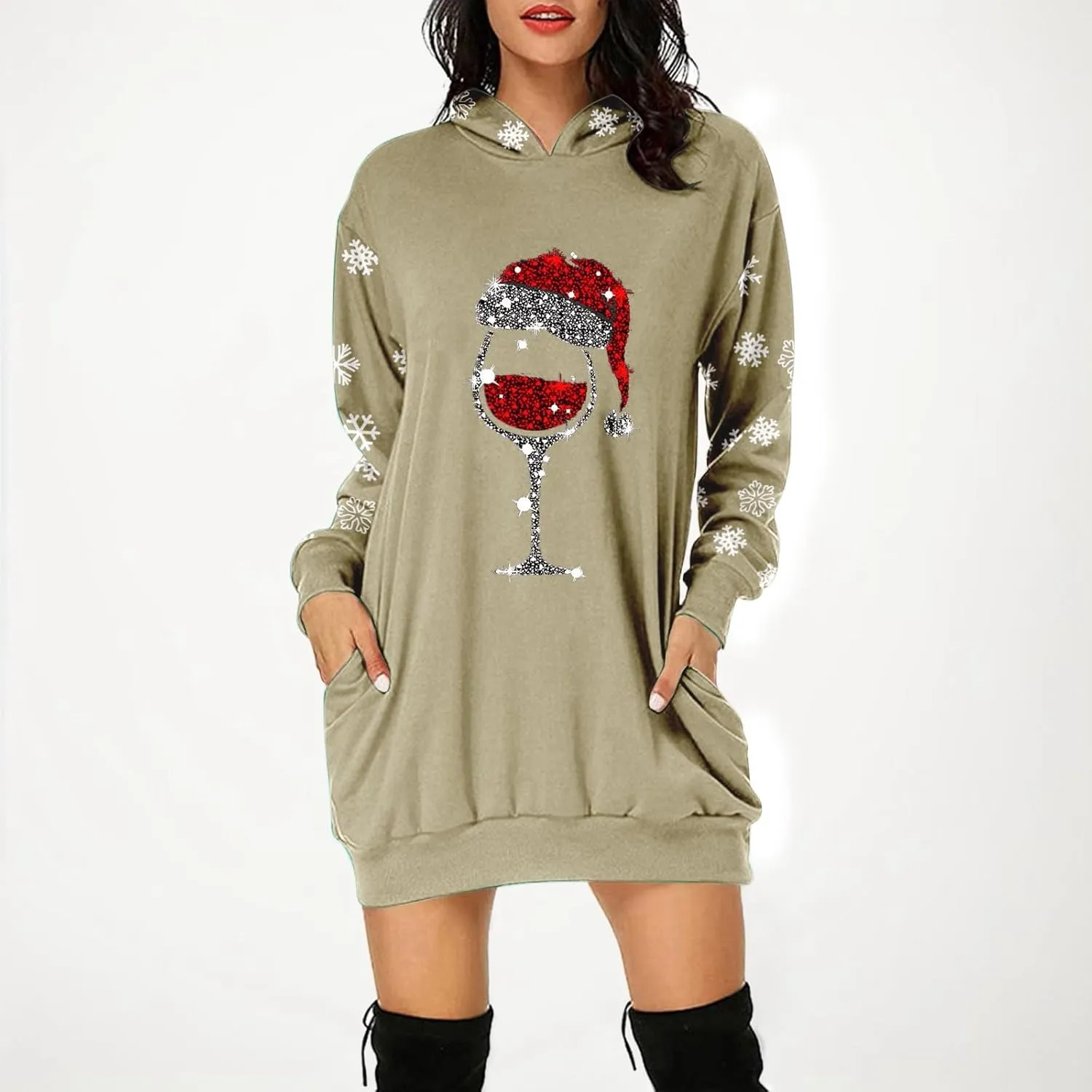 Women 2024 Christmas Hoodies Dress Long Sleeve Red Wine Glass Print Sweatshirt Tunic Oversized Xmas Hooded Party Dress