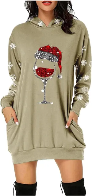 Women 2024 Christmas Hoodies Dress Long Sleeve Red Wine Glass Print Sweatshirt Tunic Oversized Xmas Hooded Party Dress