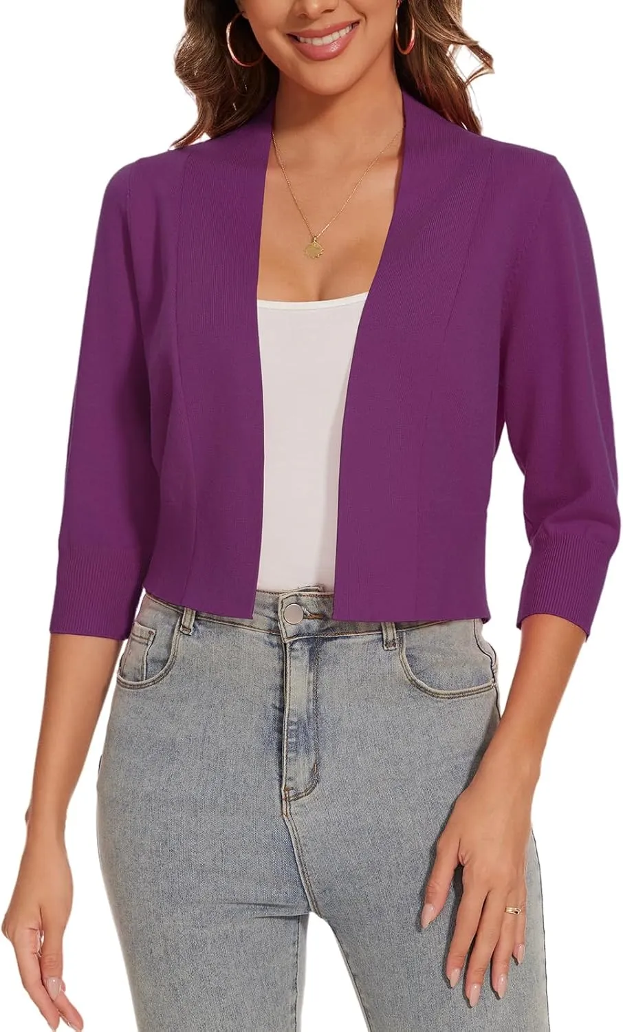 Women 3/4 Sleeve Cropped Cardigan Lightweight Casual Open Front Bolero Shrug Sweaters