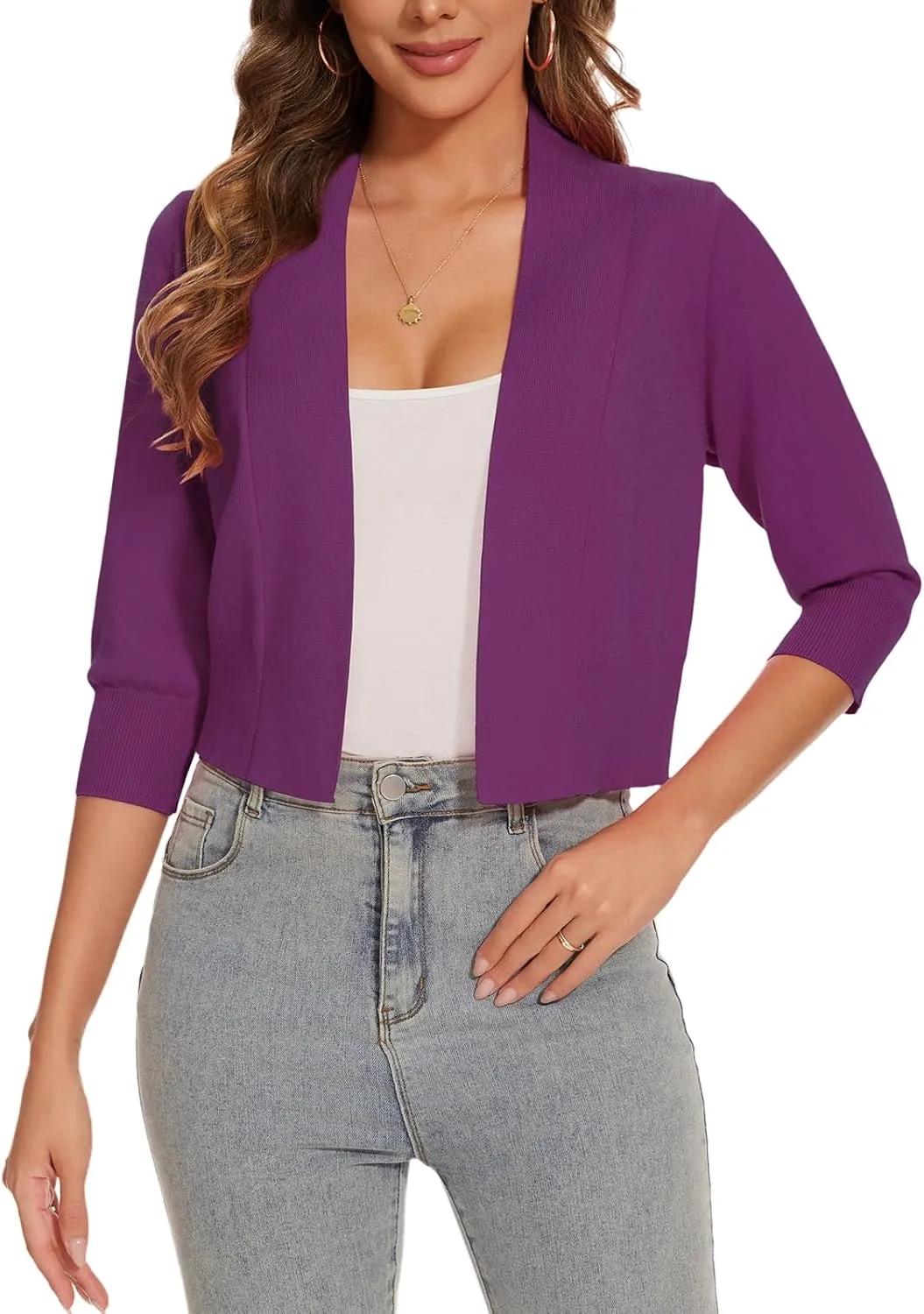 Women 3/4 Sleeve Cropped Cardigan Lightweight Casual Open Front Bolero Shrug Sweaters