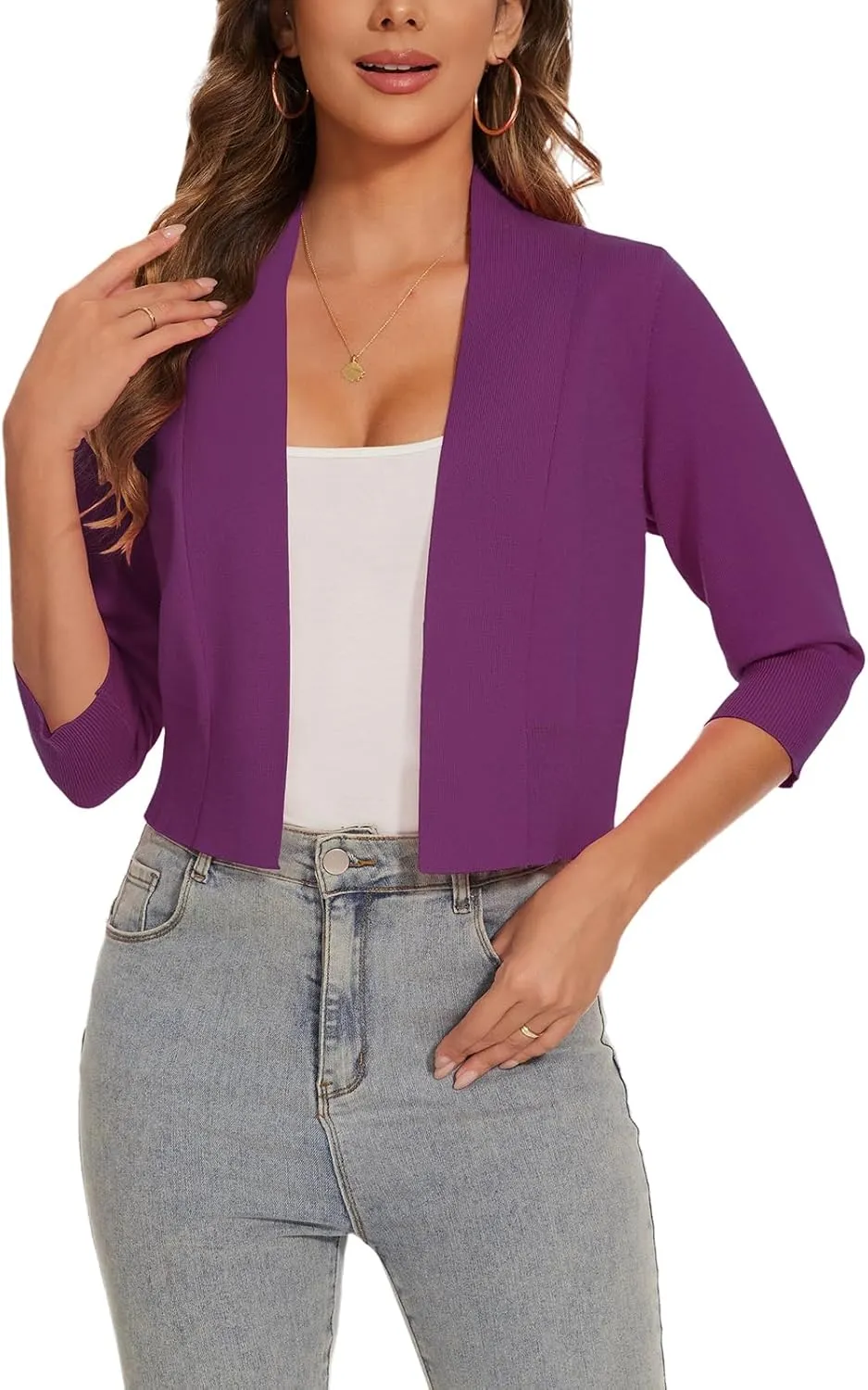 Women 3/4 Sleeve Cropped Cardigan Lightweight Casual Open Front Bolero Shrug Sweaters