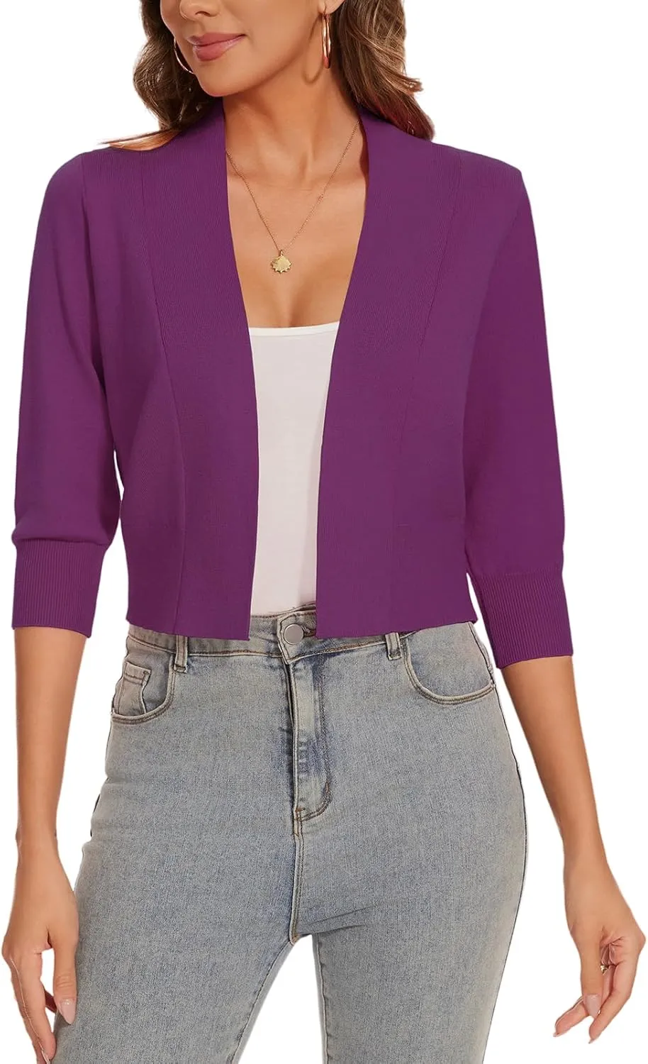 Women 3/4 Sleeve Cropped Cardigan Lightweight Casual Open Front Bolero Shrug Sweaters