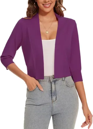 Women 3/4 Sleeve Cropped Cardigan Lightweight Casual Open Front Bolero Shrug Sweaters