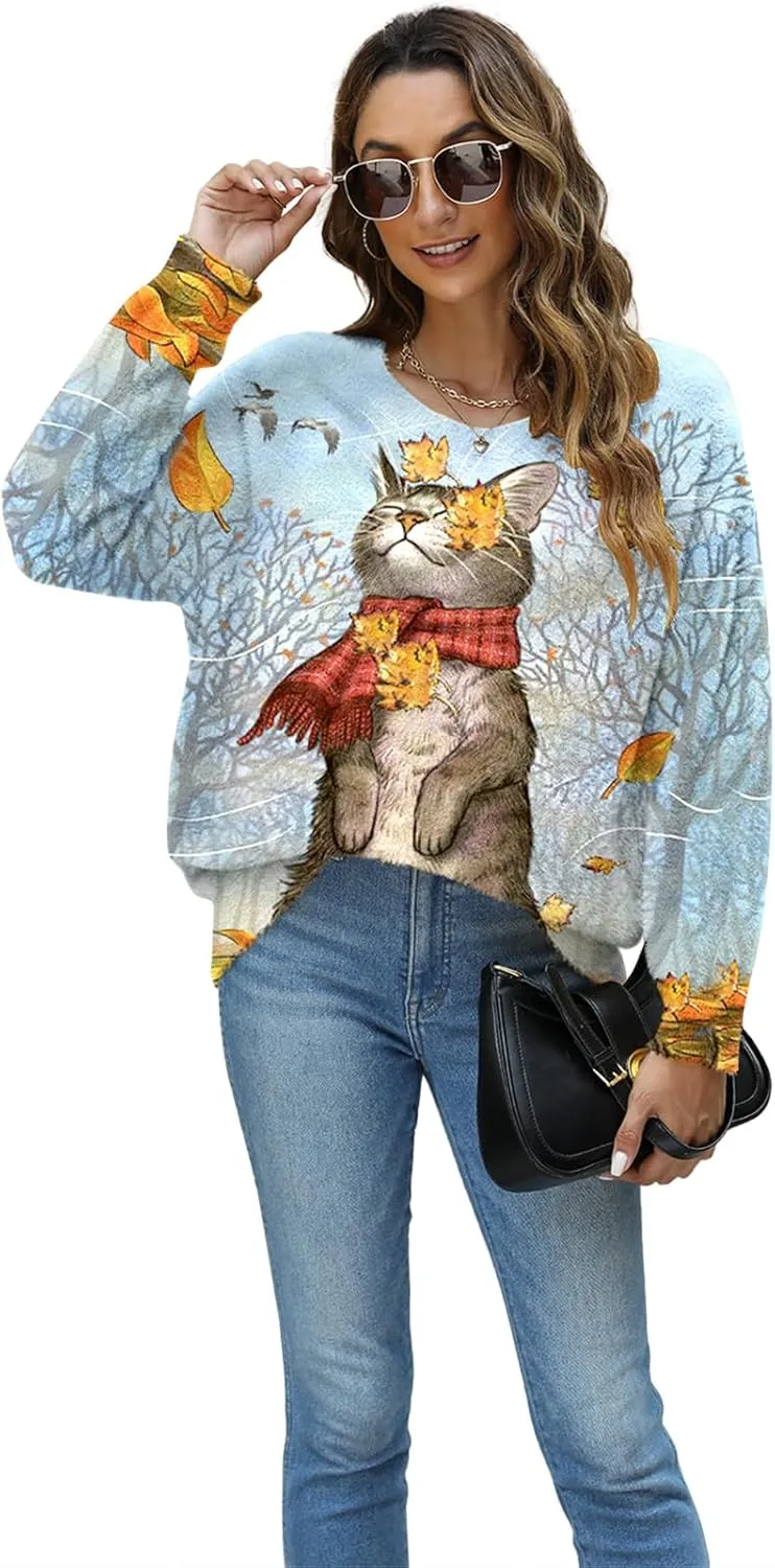 Women Christmas Sweater Graphic Oversized Long Sleeve Boho Printed Loose Fit Casual Knit Pullover Sweaters Top