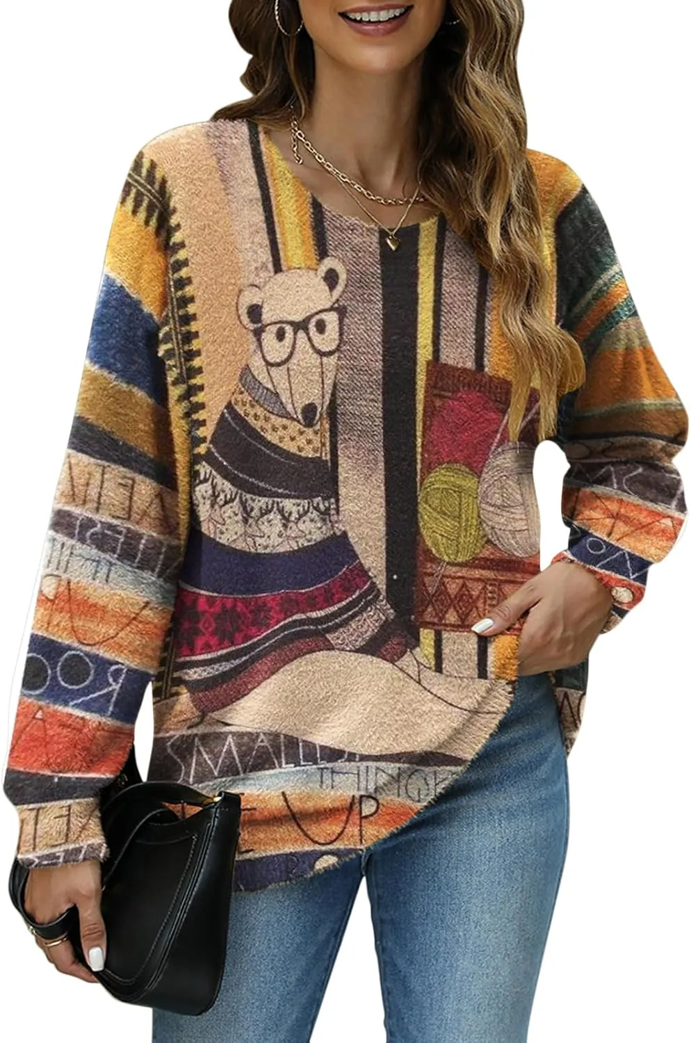 Women Christmas Sweater Graphic Oversized Long Sleeve Boho Printed Loose Fit Casual Knit Pullover Sweaters Top