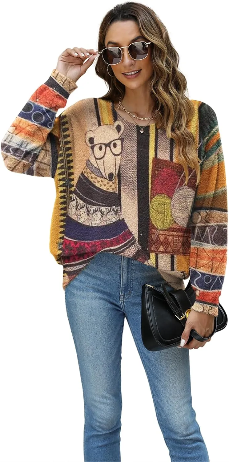 Women Christmas Sweater Graphic Oversized Long Sleeve Boho Printed Loose Fit Casual Knit Pullover Sweaters Top