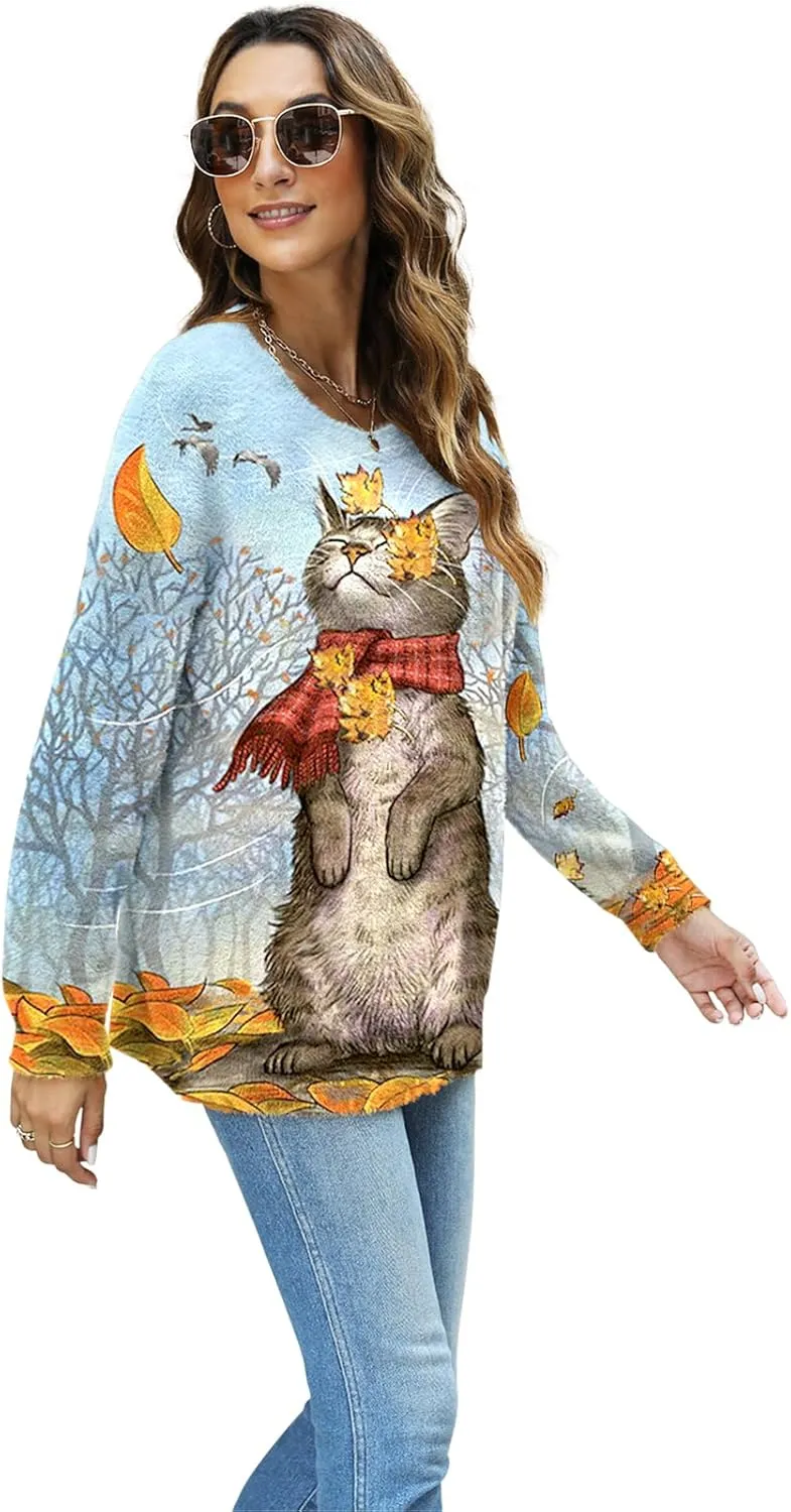 Women Christmas Sweater Graphic Oversized Long Sleeve Boho Printed Loose Fit Casual Knit Pullover Sweaters Top
