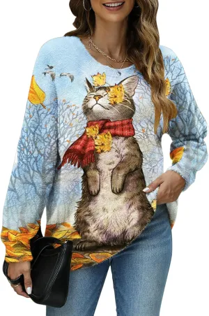 Women Christmas Sweater Graphic Oversized Long Sleeve Boho Printed Loose Fit Casual Knit Pullover Sweaters Top