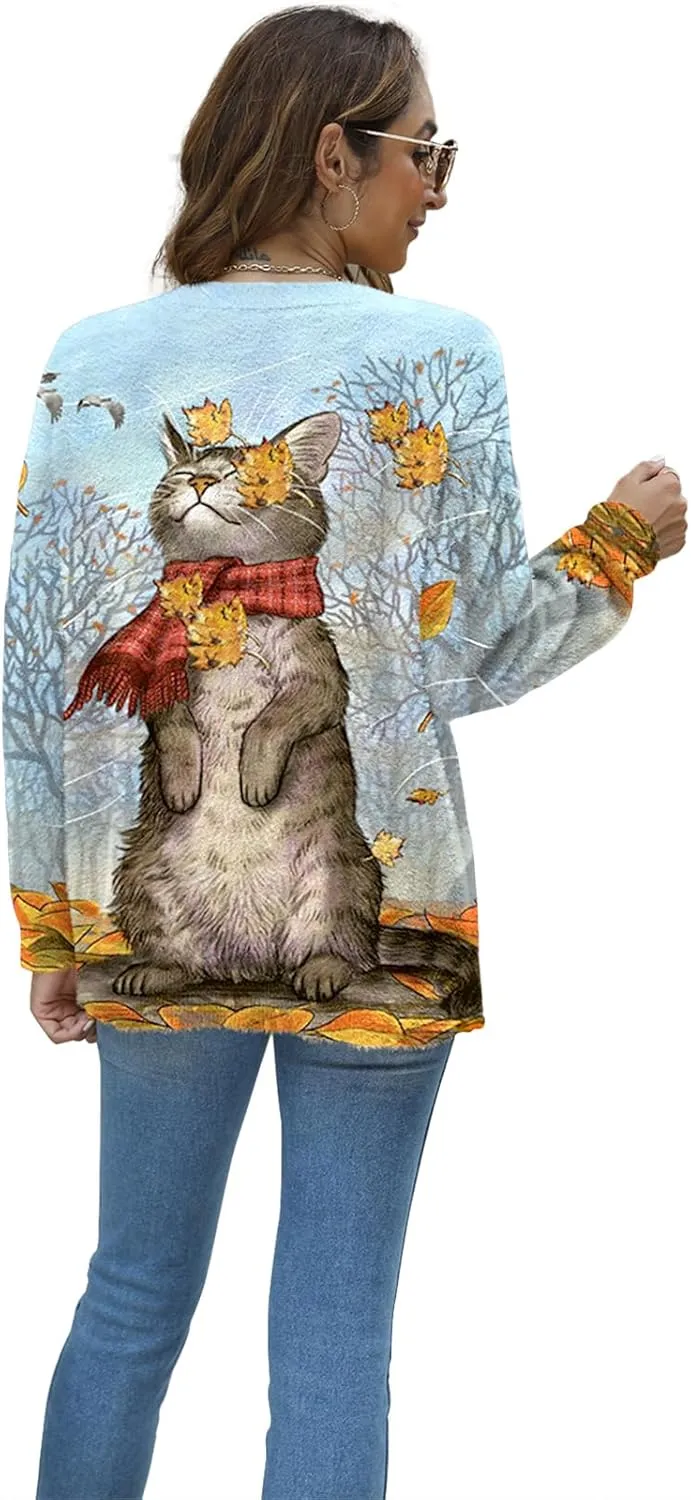 Women Christmas Sweater Graphic Oversized Long Sleeve Boho Printed Loose Fit Casual Knit Pullover Sweaters Top