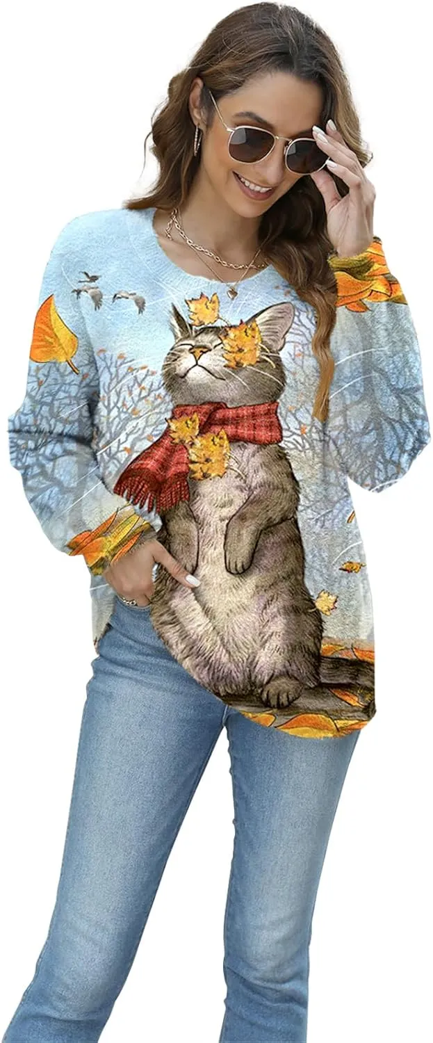 Women Christmas Sweater Graphic Oversized Long Sleeve Boho Printed Loose Fit Casual Knit Pullover Sweaters Top