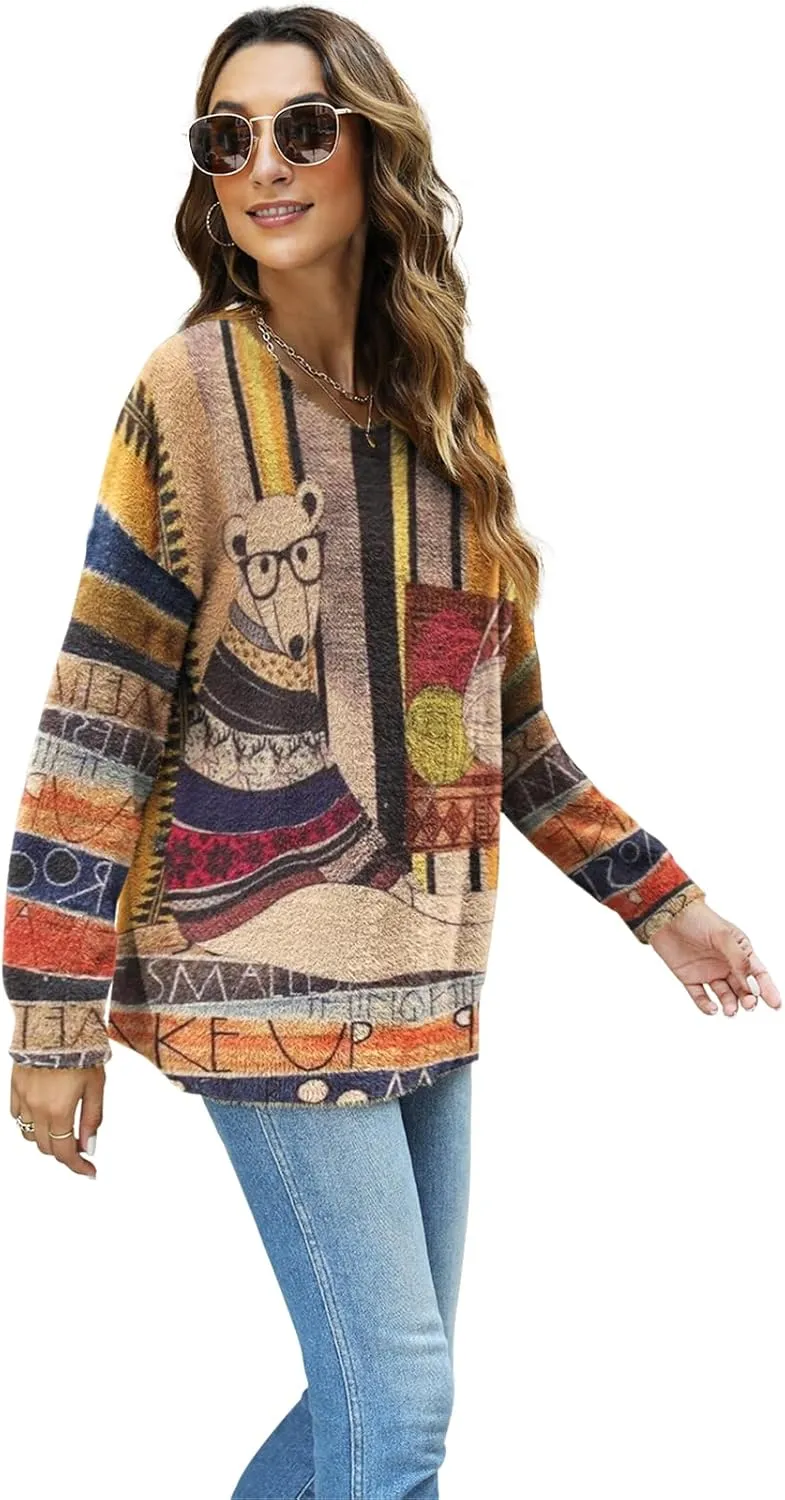 Women Christmas Sweater Graphic Oversized Long Sleeve Boho Printed Loose Fit Casual Knit Pullover Sweaters Top